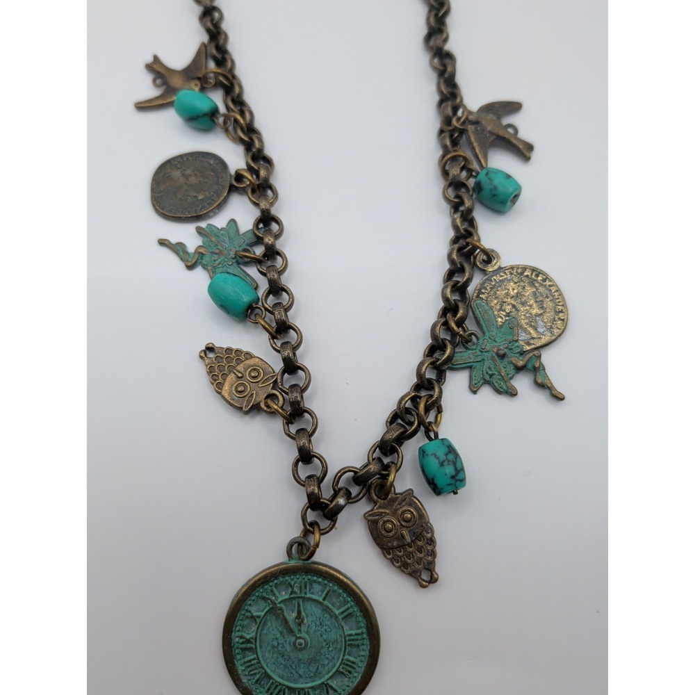 Handmade Tsarina Chain Necklace‎ With Turquoise And Brass Tones And Charms - Picture 4 of 4